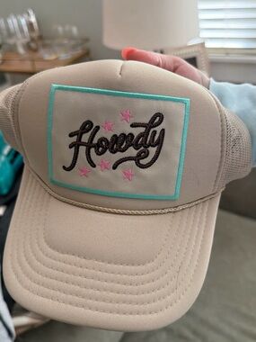 Howdy Embroidered Trucker Hat - Beige with Turquoise & Pink